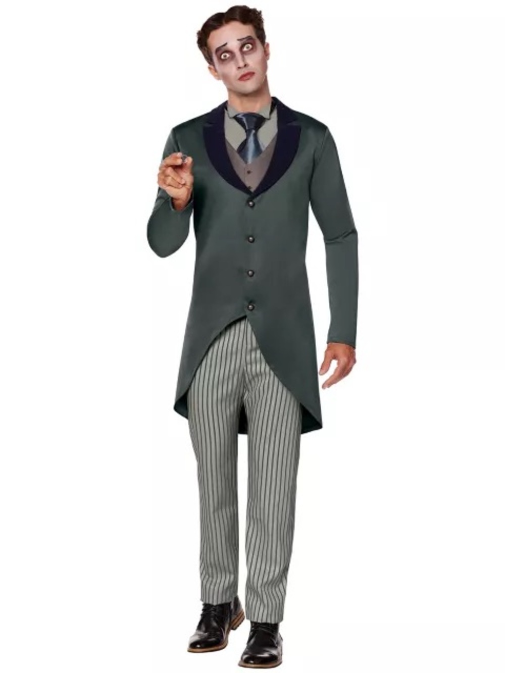 Men's Dark Green Tailcoat Blazer Suit with Striped Trousers